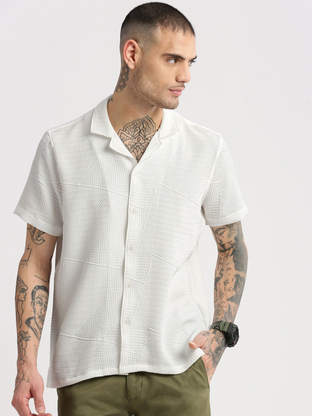 Men Cuban Collar  Solid White Casual Shirt