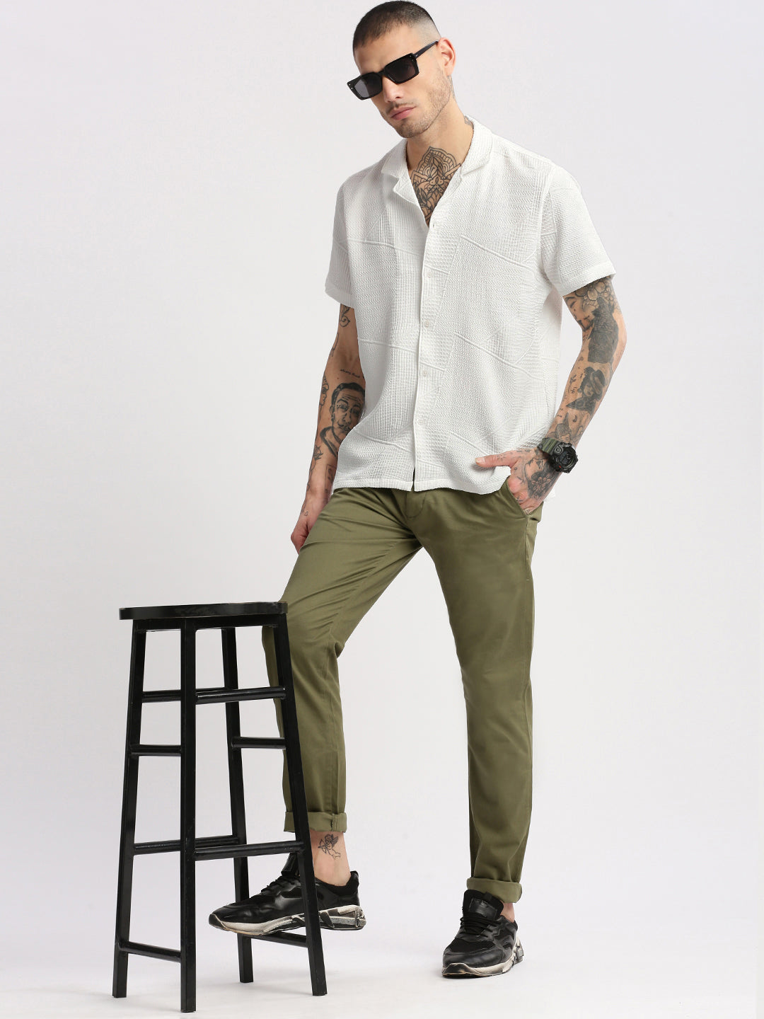 Men Cuban Collar  Solid White Casual Shirt