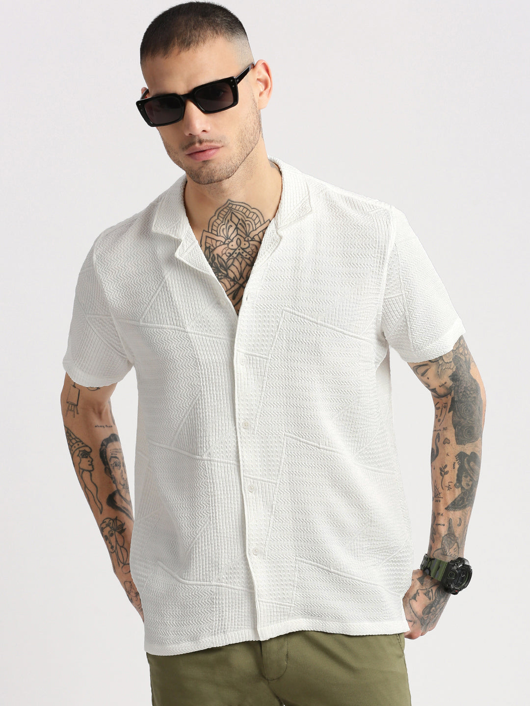 Men Cuban Collar  Solid White Casual Shirt