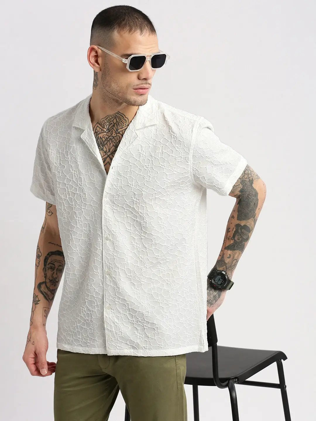 Men's Cuban Collar Solid White Casual Shirt