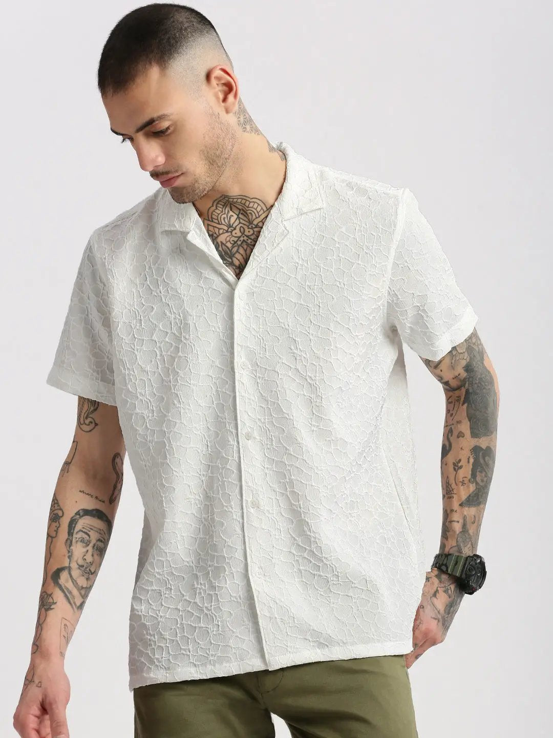Men's Cuban Collar Solid White Casual Shirt