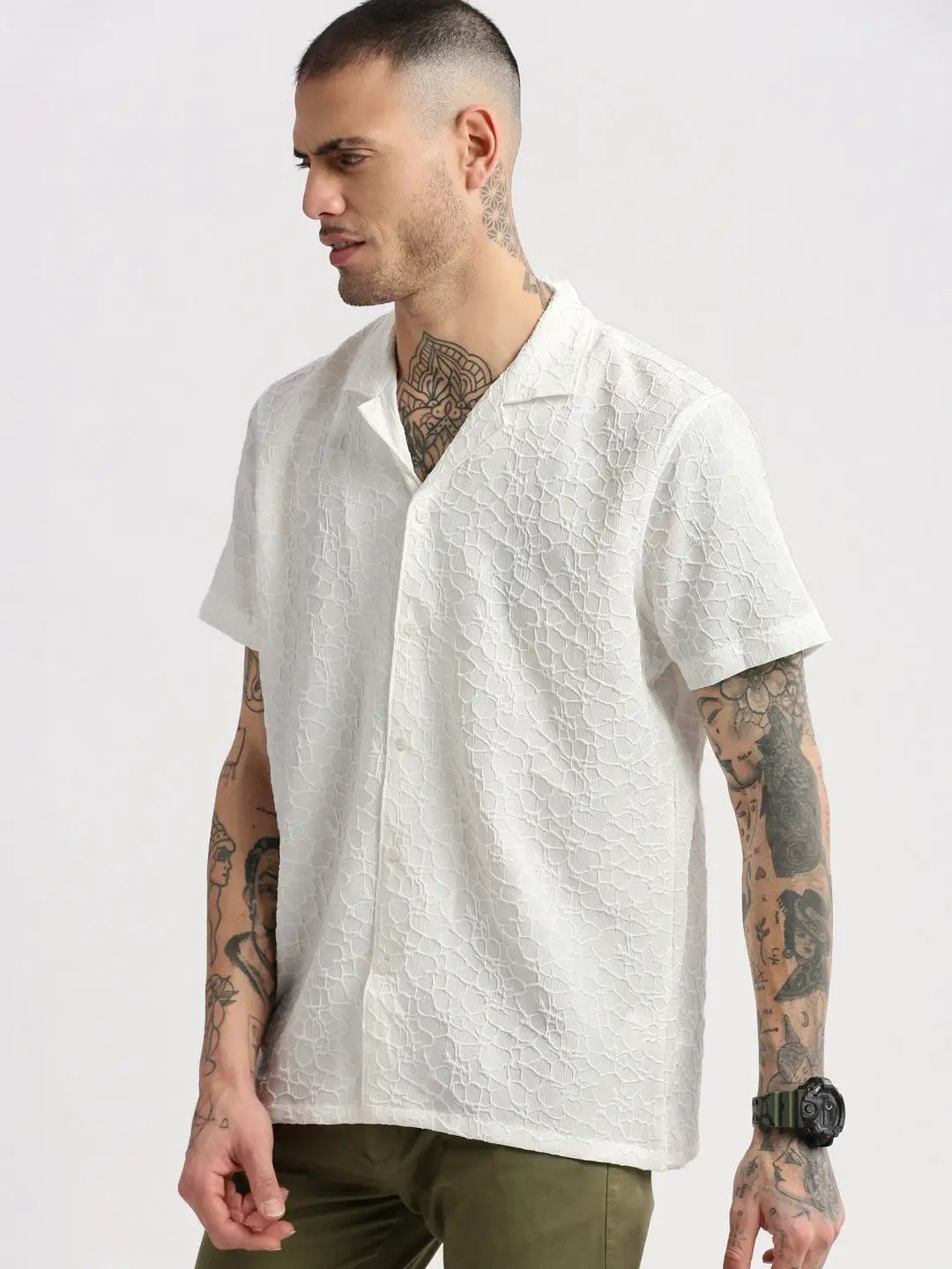 Men's Cuban Collar Solid White Casual Shirt