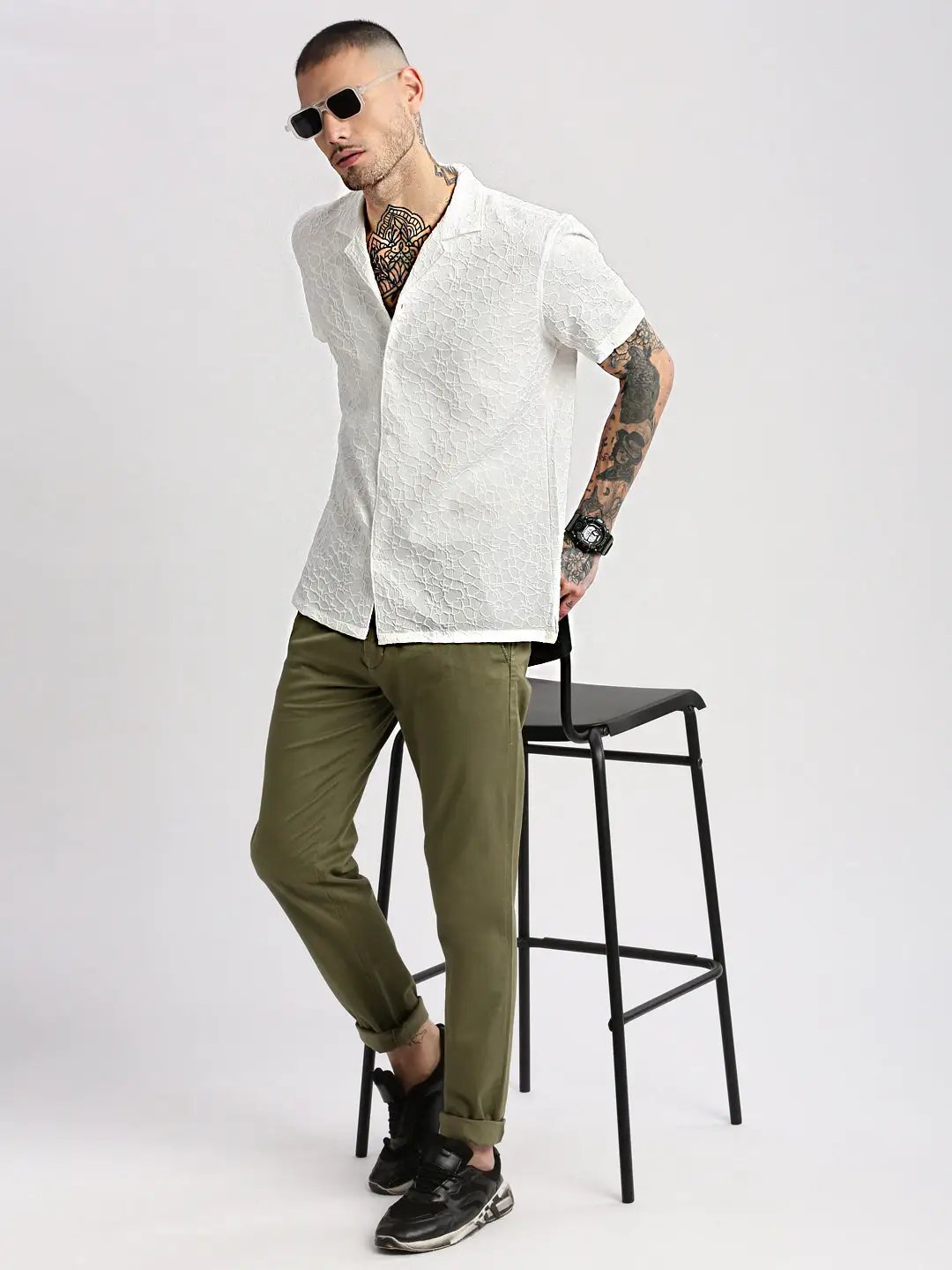 Men's Cuban Collar Solid White Casual Shirt