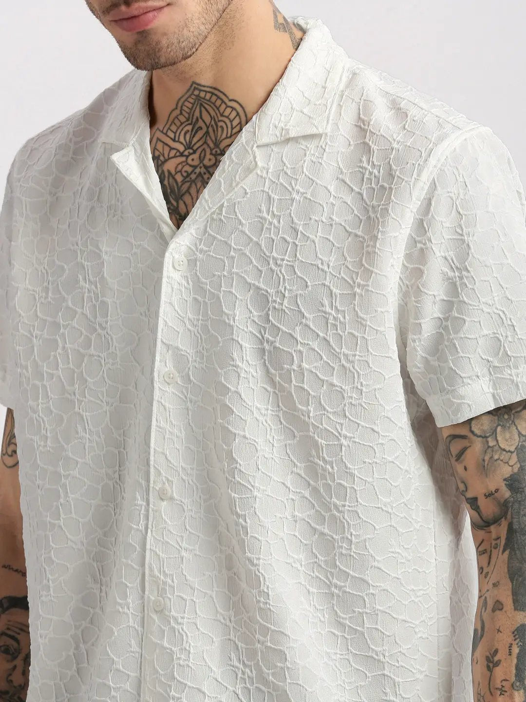 Men's Cuban Collar Solid White Casual Shirt