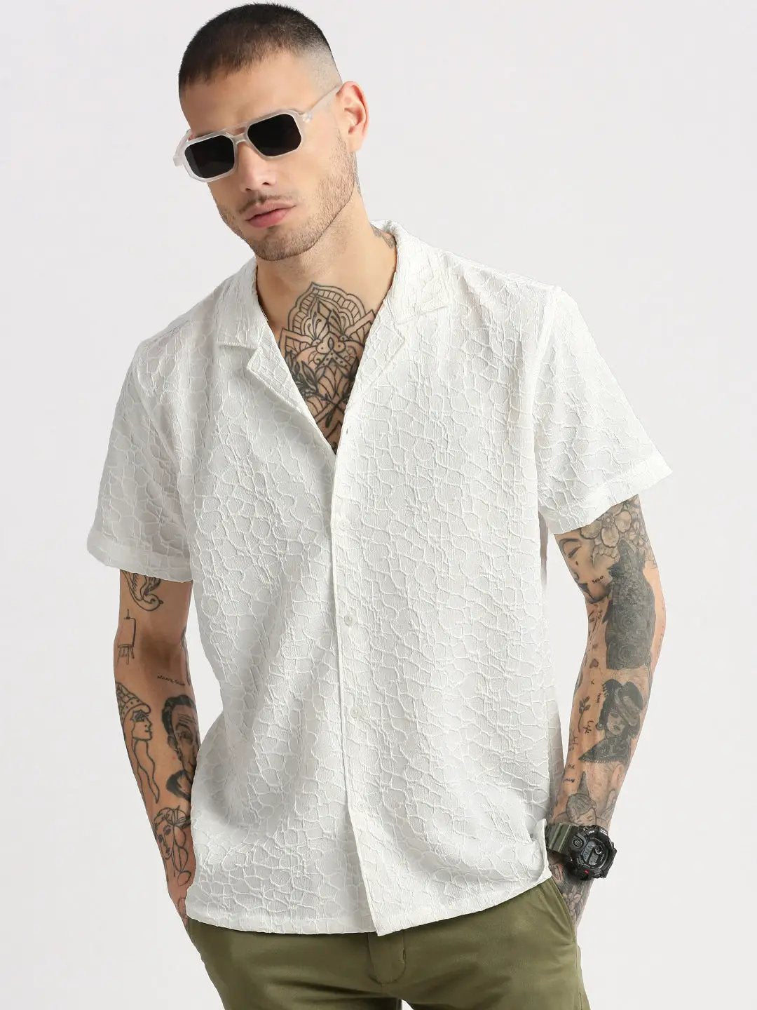 Men's Cuban Collar Solid White Casual Shirt