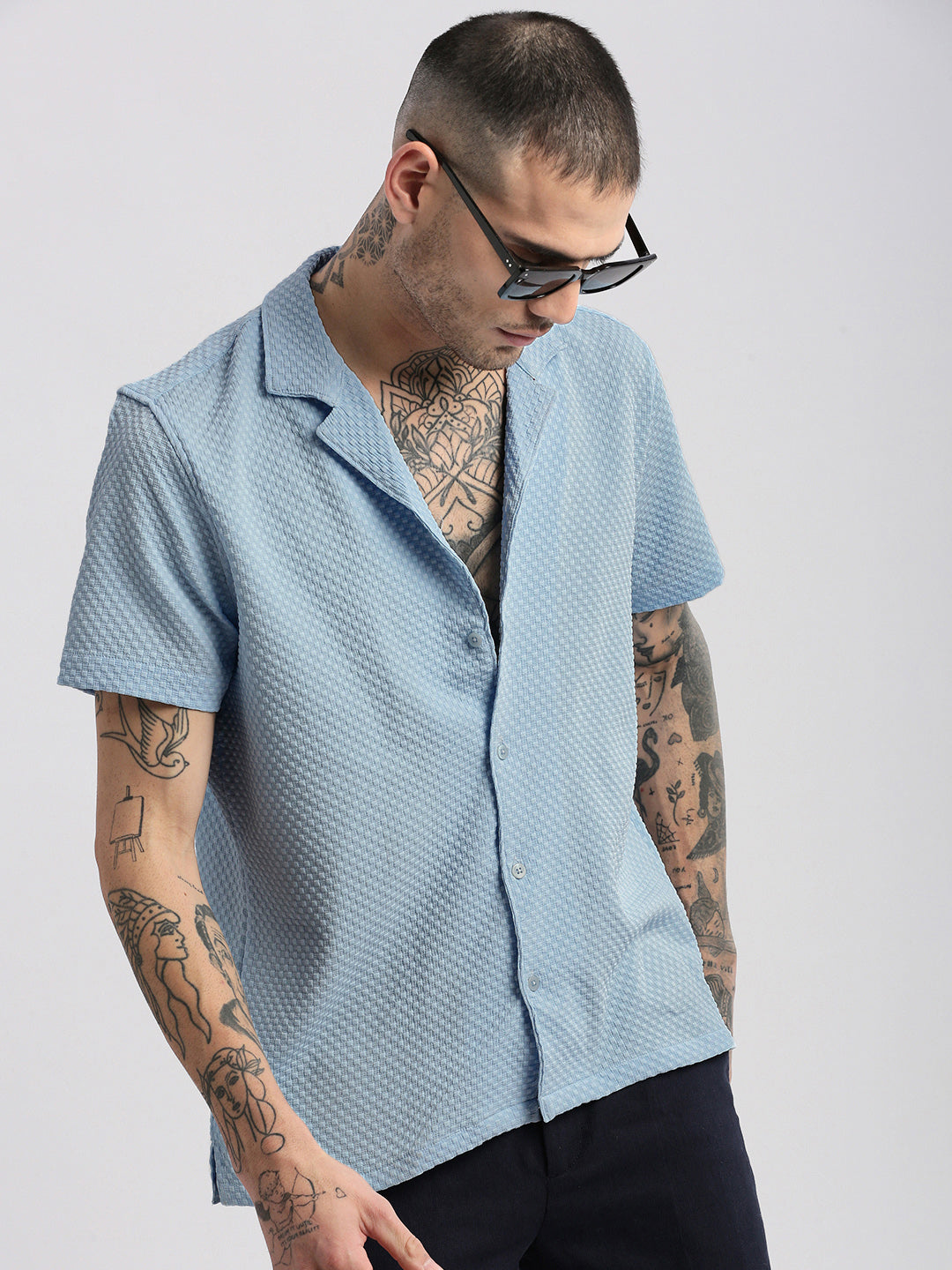 Men Cuban Collar  Solid Blue Casual Shirt