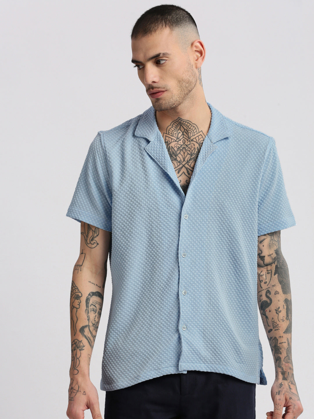 Men Cuban Collar  Solid Blue Casual Shirt