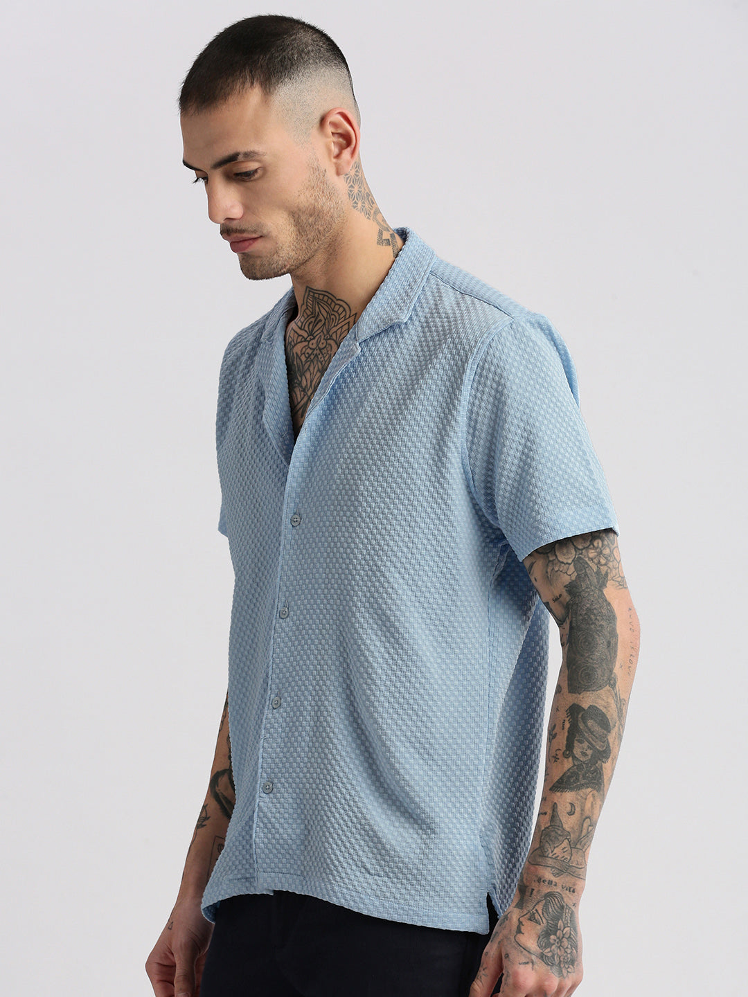 Men Cuban Collar  Solid Blue Casual Shirt