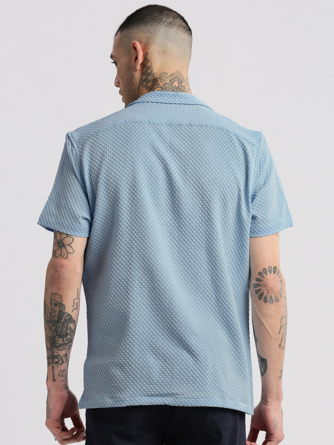 Men Cuban Collar  Solid Blue Casual Shirt