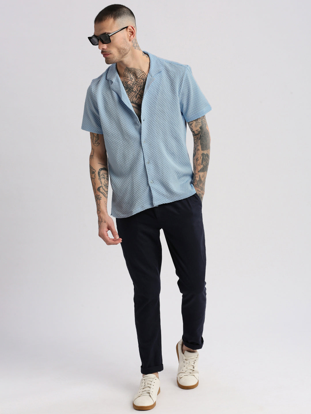 Men Cuban Collar  Solid Blue Casual Shirt