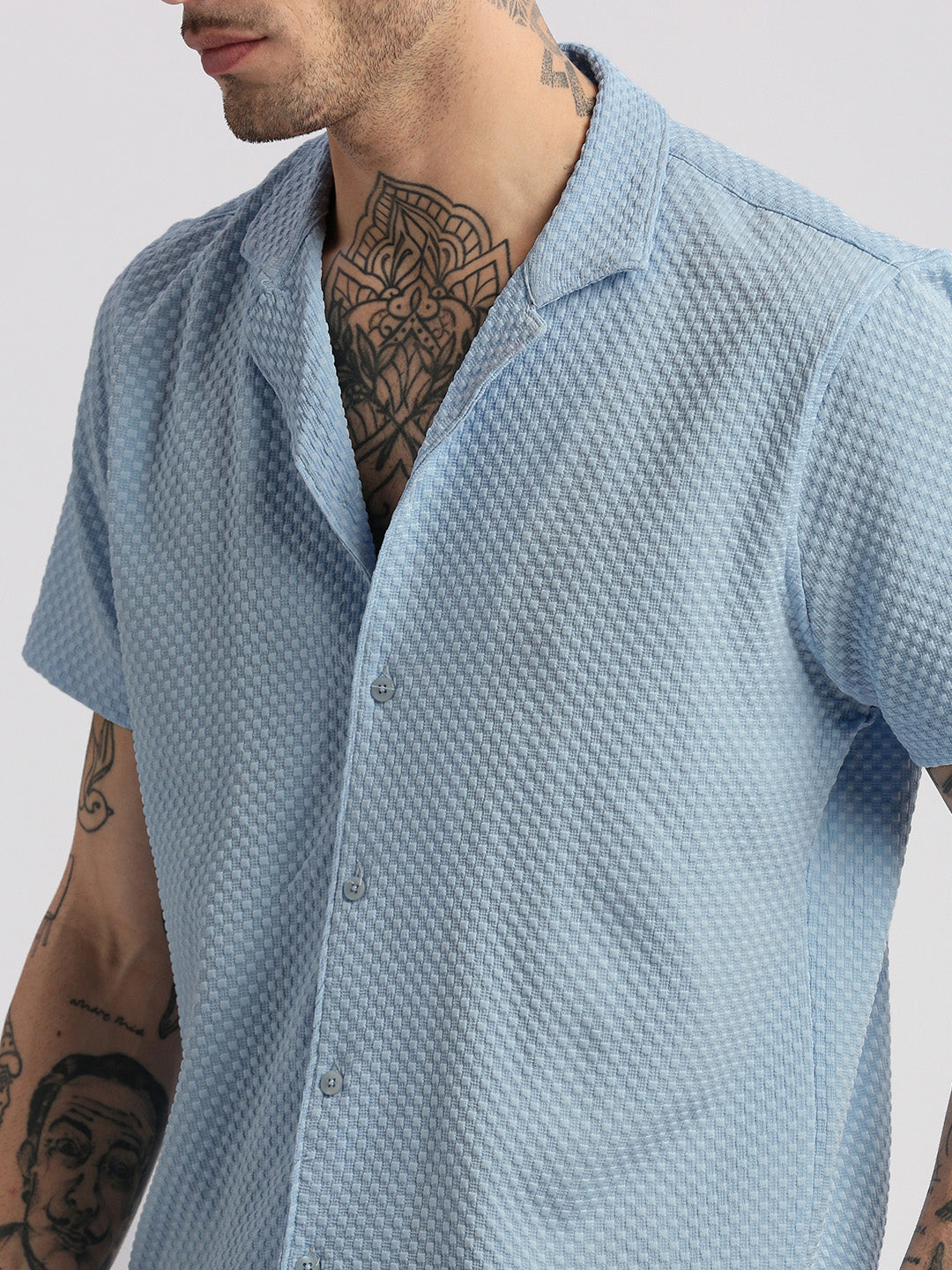 Men Cuban Collar  Solid Blue Casual Shirt