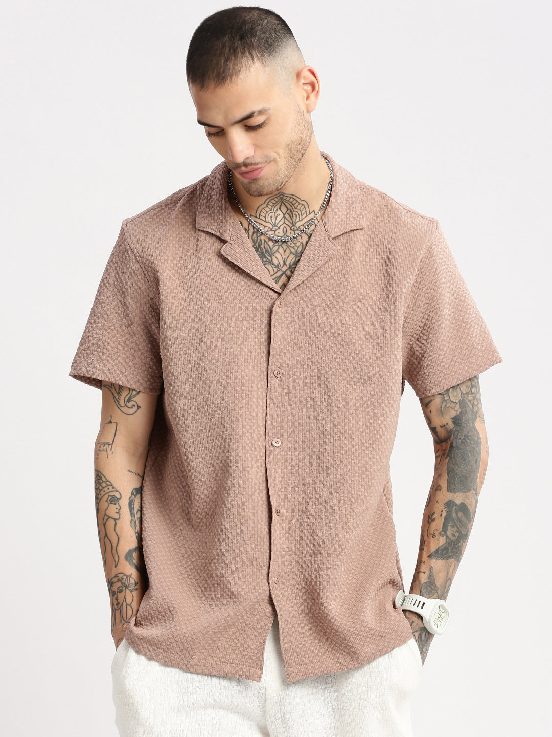 Men Cuban Collar  Solid Beige Casual Shirt