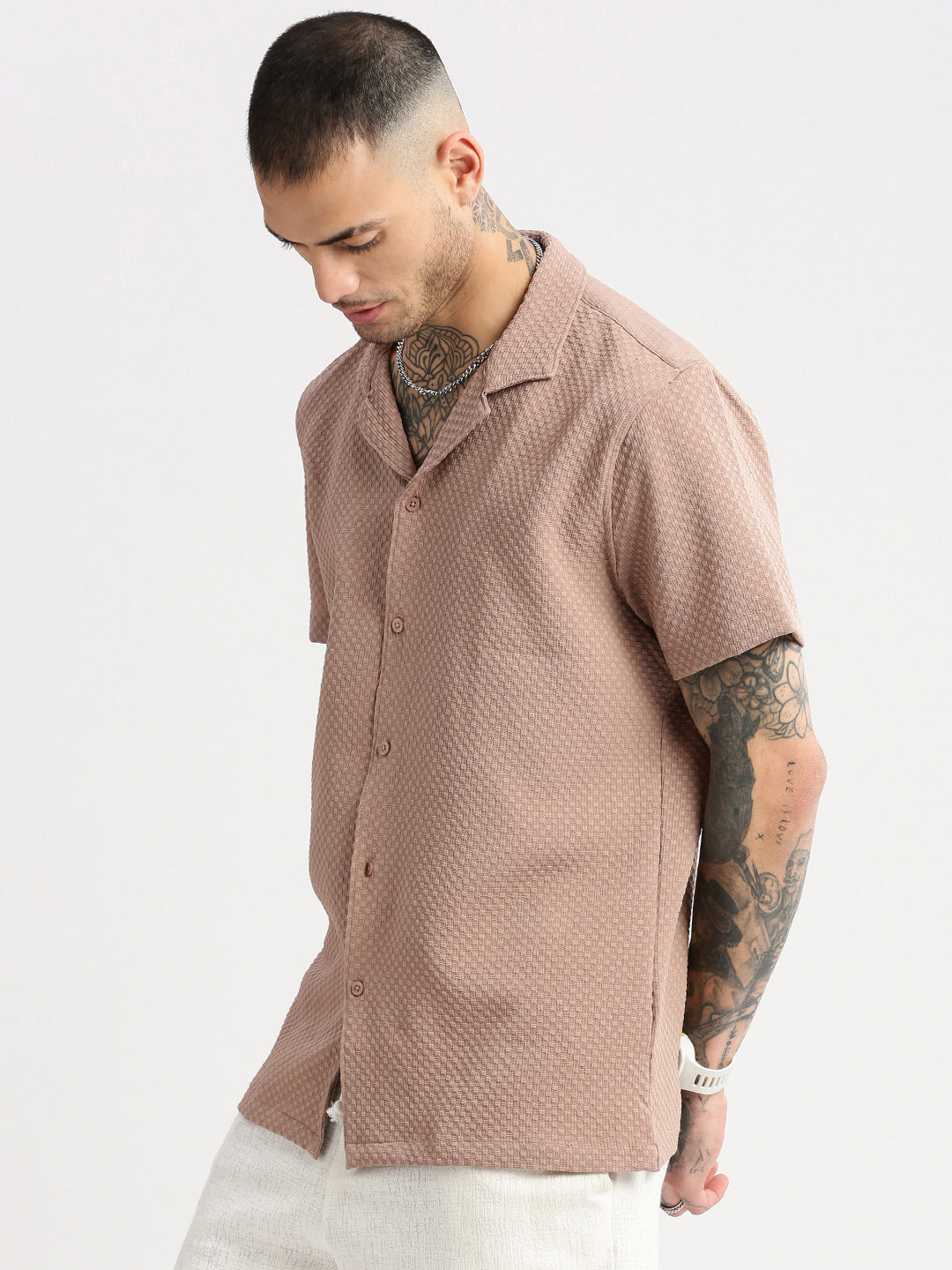 Men Cuban Collar  Solid Beige Casual Shirt