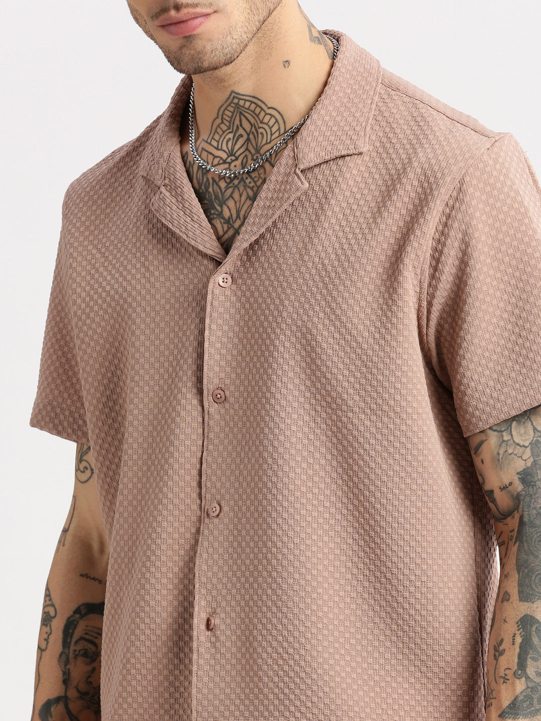 Men Cuban Collar  Solid Beige Casual Shirt