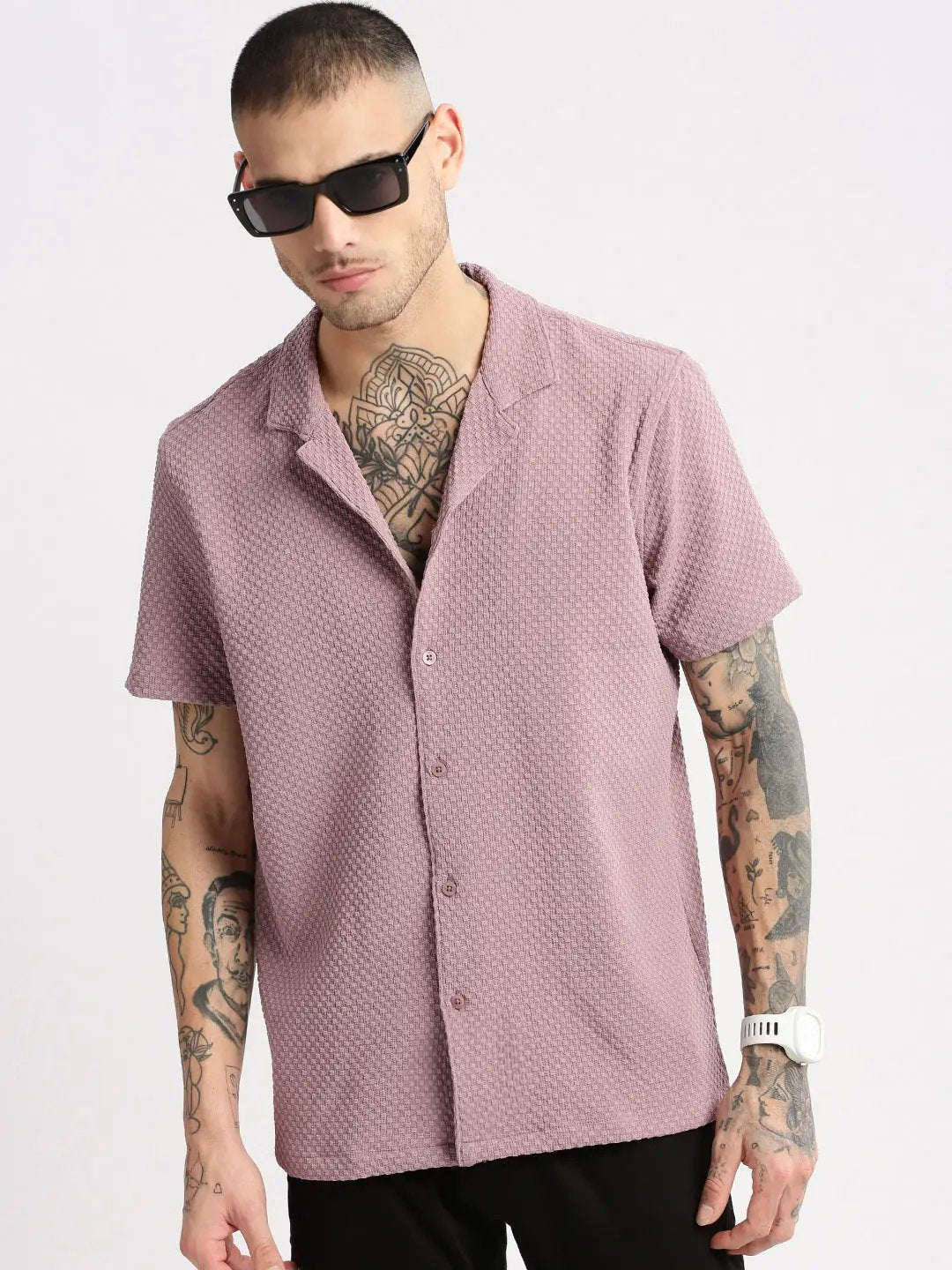 Men's Cuban Collar Solid Lavender Casual Shirt