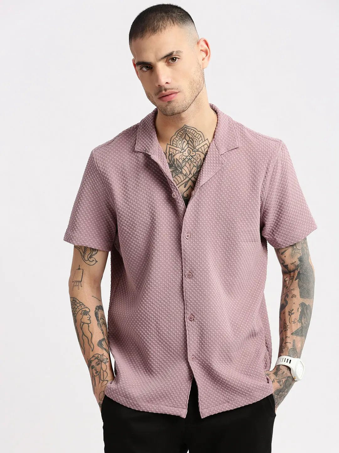 Men's Cuban Collar Solid Lavender Casual Shirt