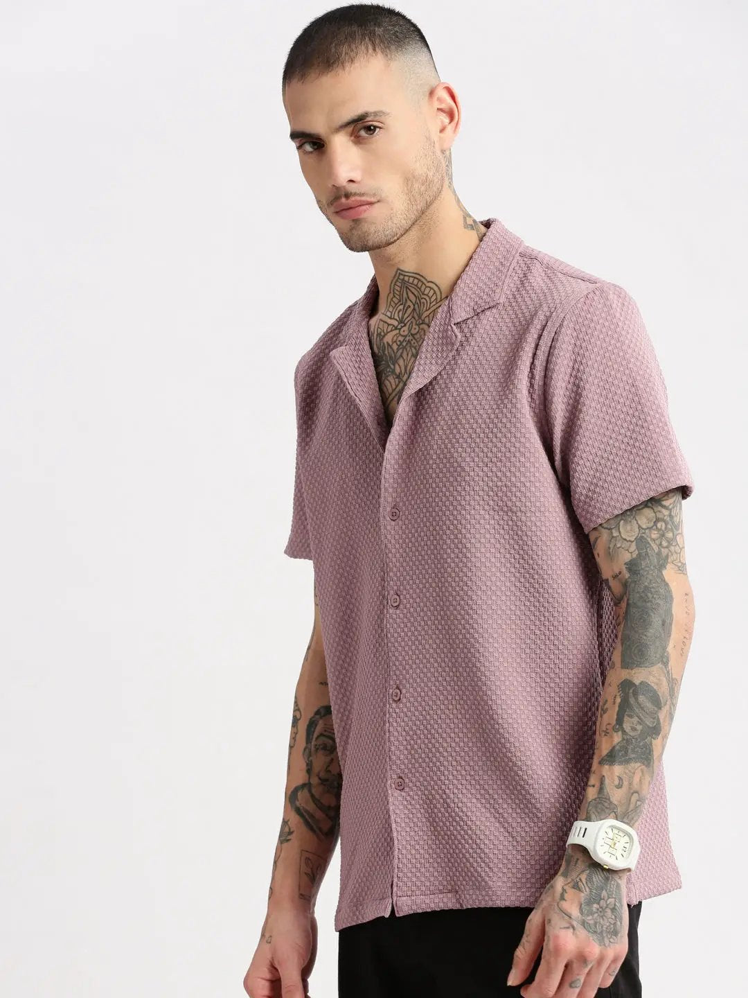 Men's Cuban Collar Solid Lavender Casual Shirt