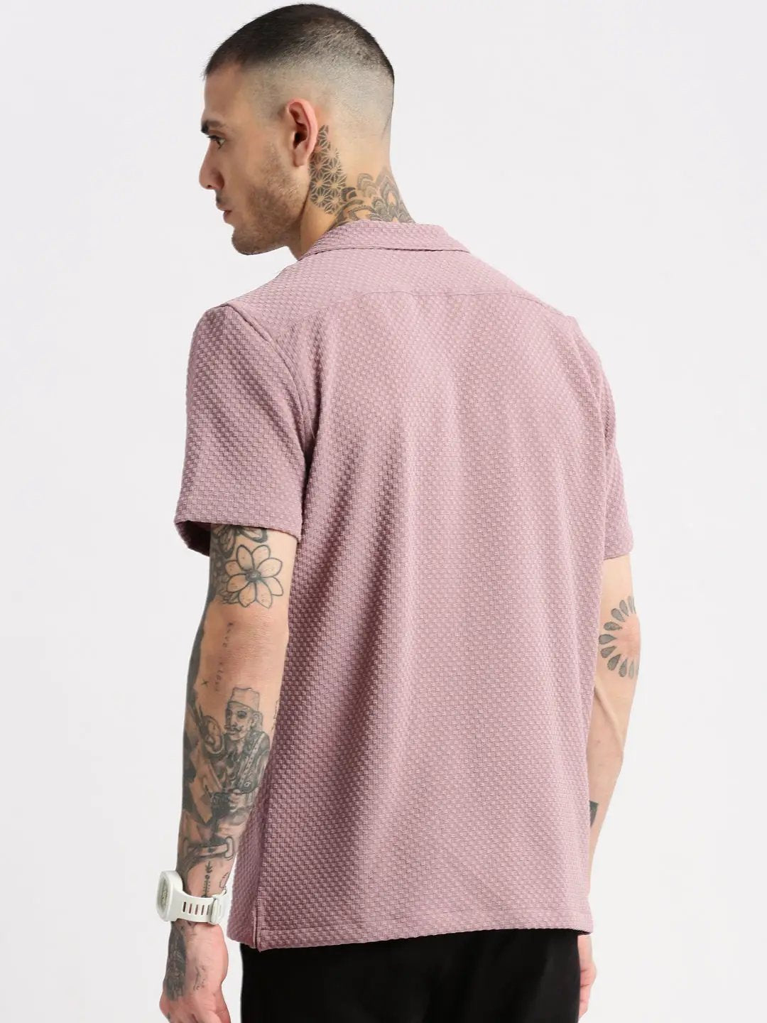 Men's Cuban Collar Solid Lavender Casual Shirt
