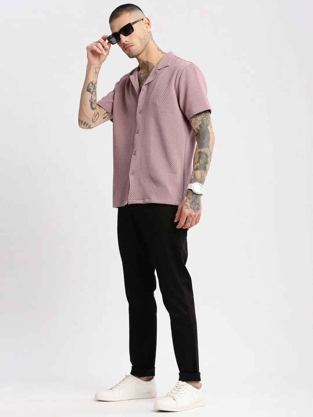 Men's Cuban Collar Solid Lavender Casual Shirt