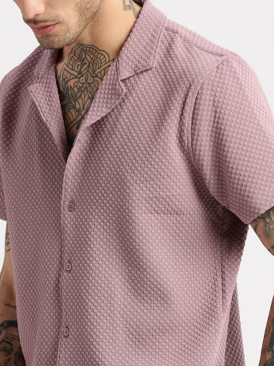 Men's Cuban Collar Solid Lavender Casual Shirt