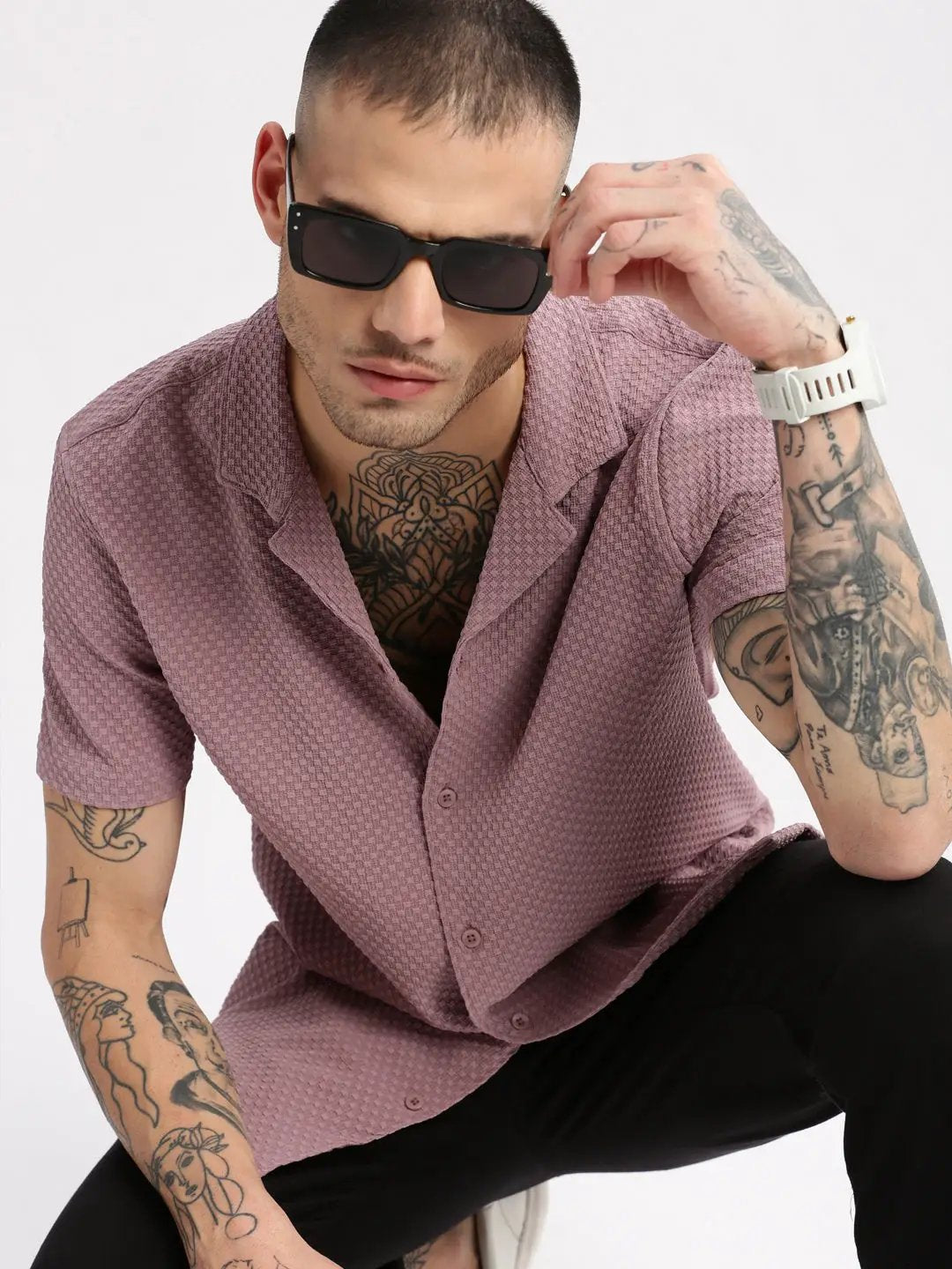 Men's Cuban Collar Solid Lavender Casual Shirt