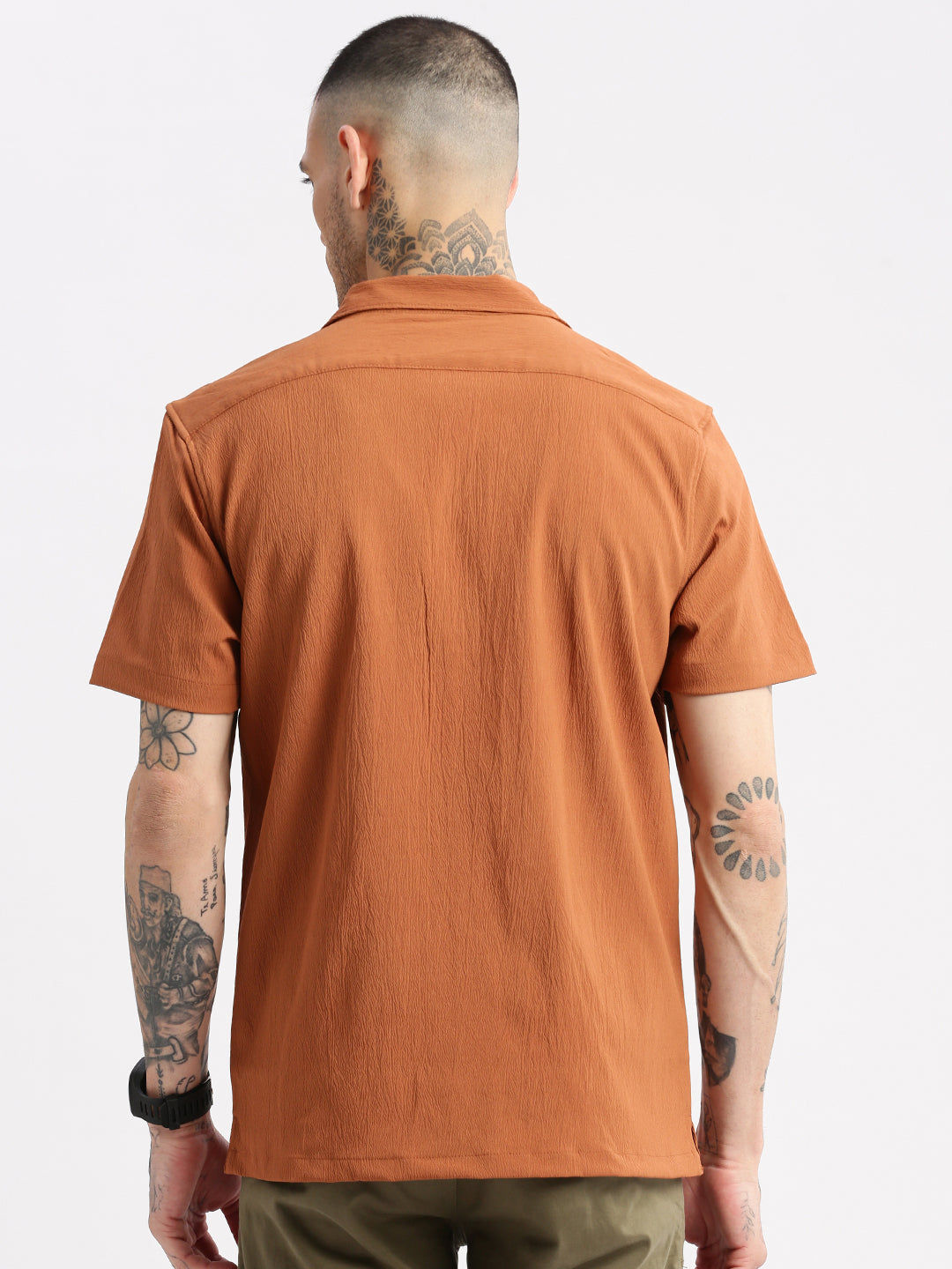 Men Cuban Collar  Solid Rust Casual Shirt