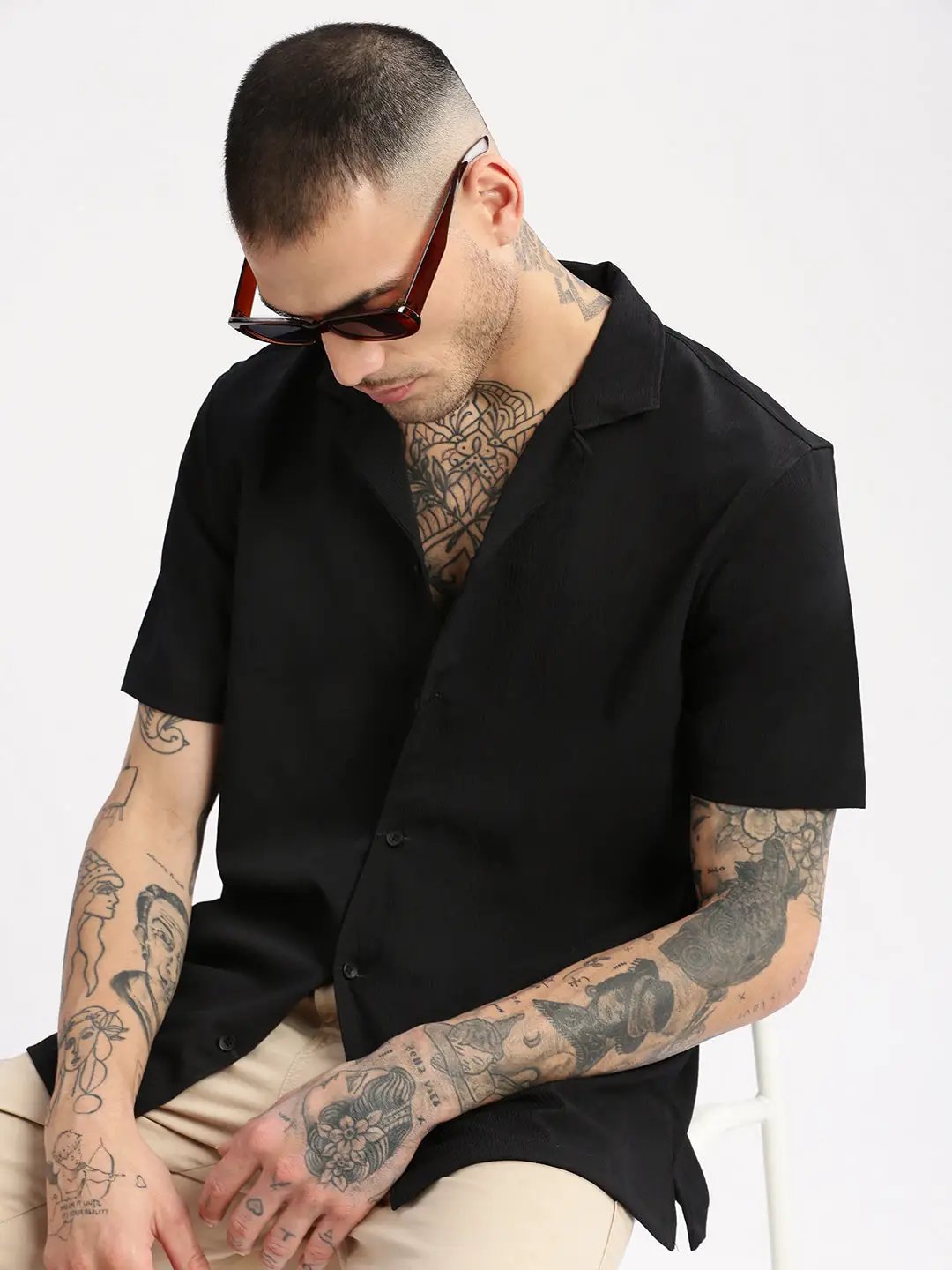Men's Cuban Collar Solid Black Casual Shirt