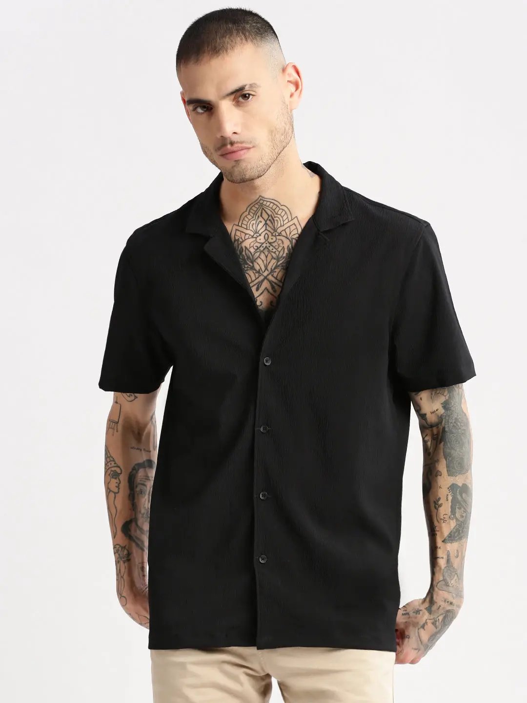 Men's Cuban Collar Solid Black Casual Shirt