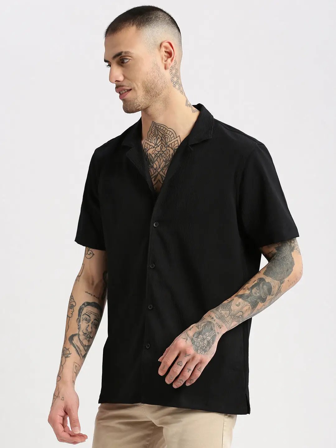 Men's Cuban Collar Solid Black Casual Shirt