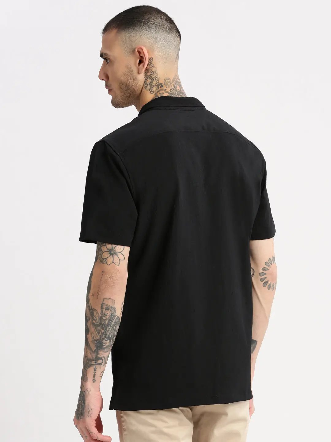 Men's Cuban Collar Solid Black Casual Shirt