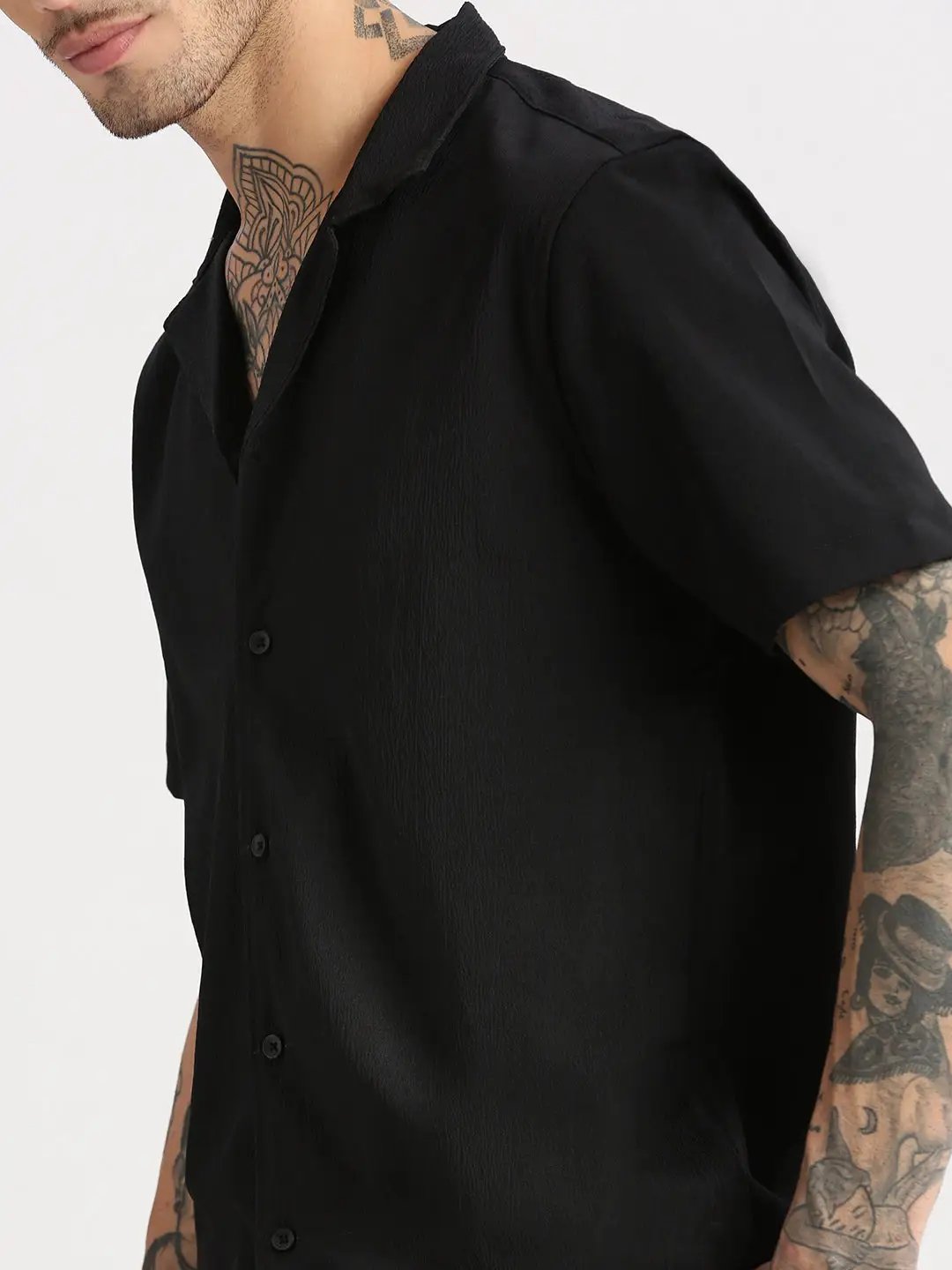 Men's Cuban Collar Solid Black Casual Shirt