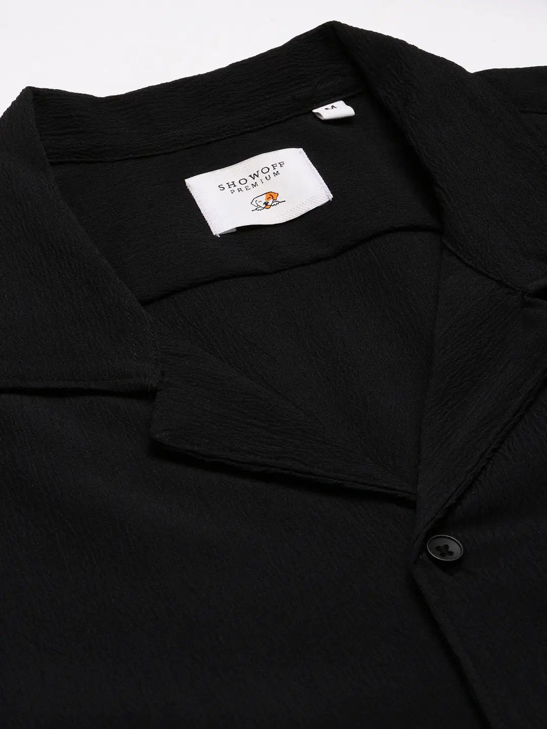 Men's Cuban Collar Solid Black Casual Shirt