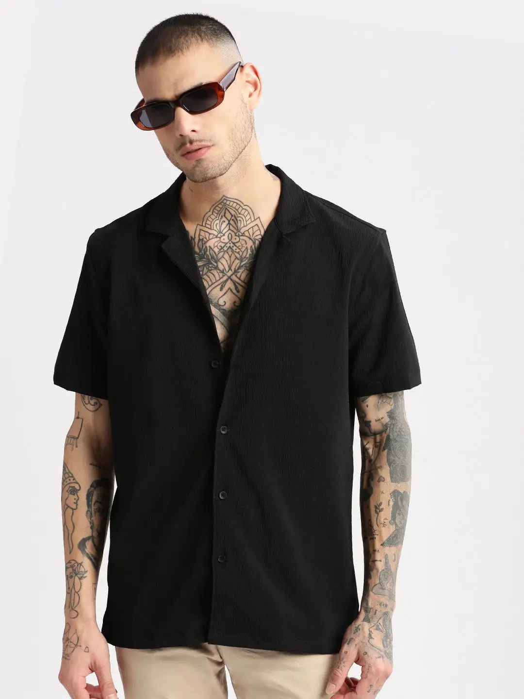Men's Cuban Collar Solid Black Casual Shirt