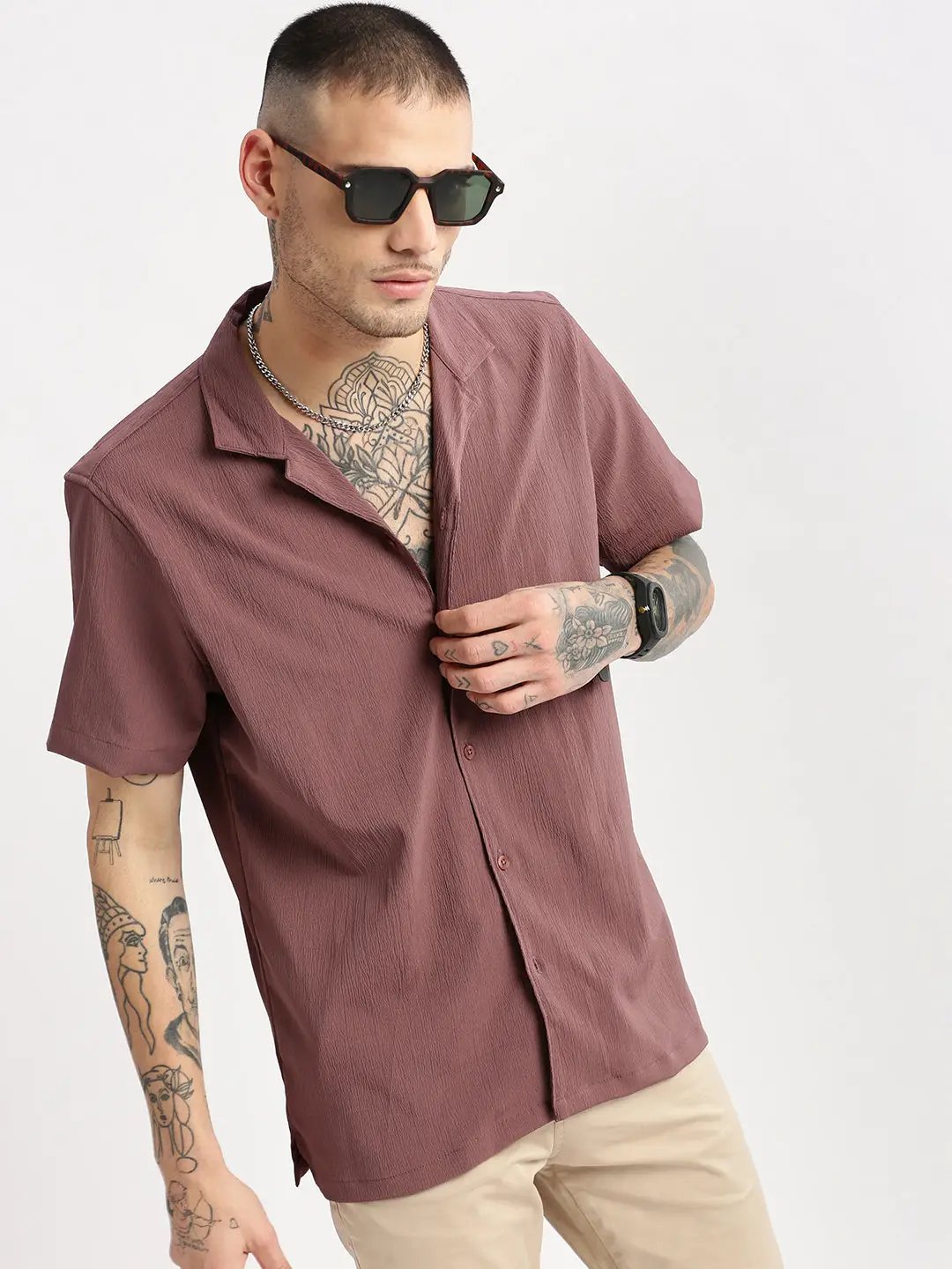 Men's Cuban Collar Solid Lavender Casual Shirt