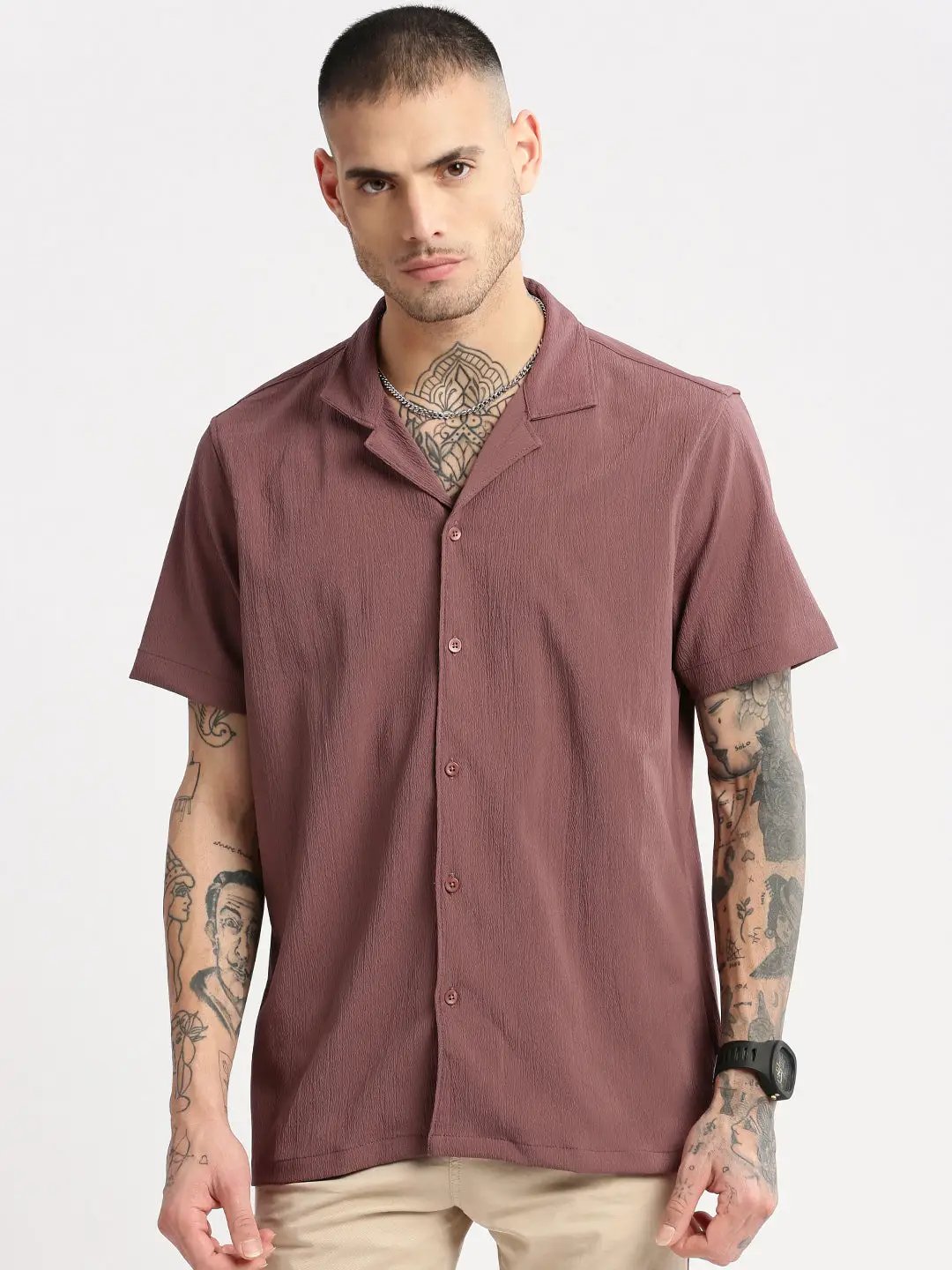 Men's Cuban Collar Solid Lavender Casual Shirt