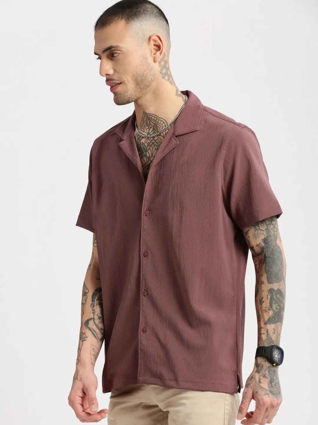 Men's Cuban Collar Solid Lavender Casual Shirt