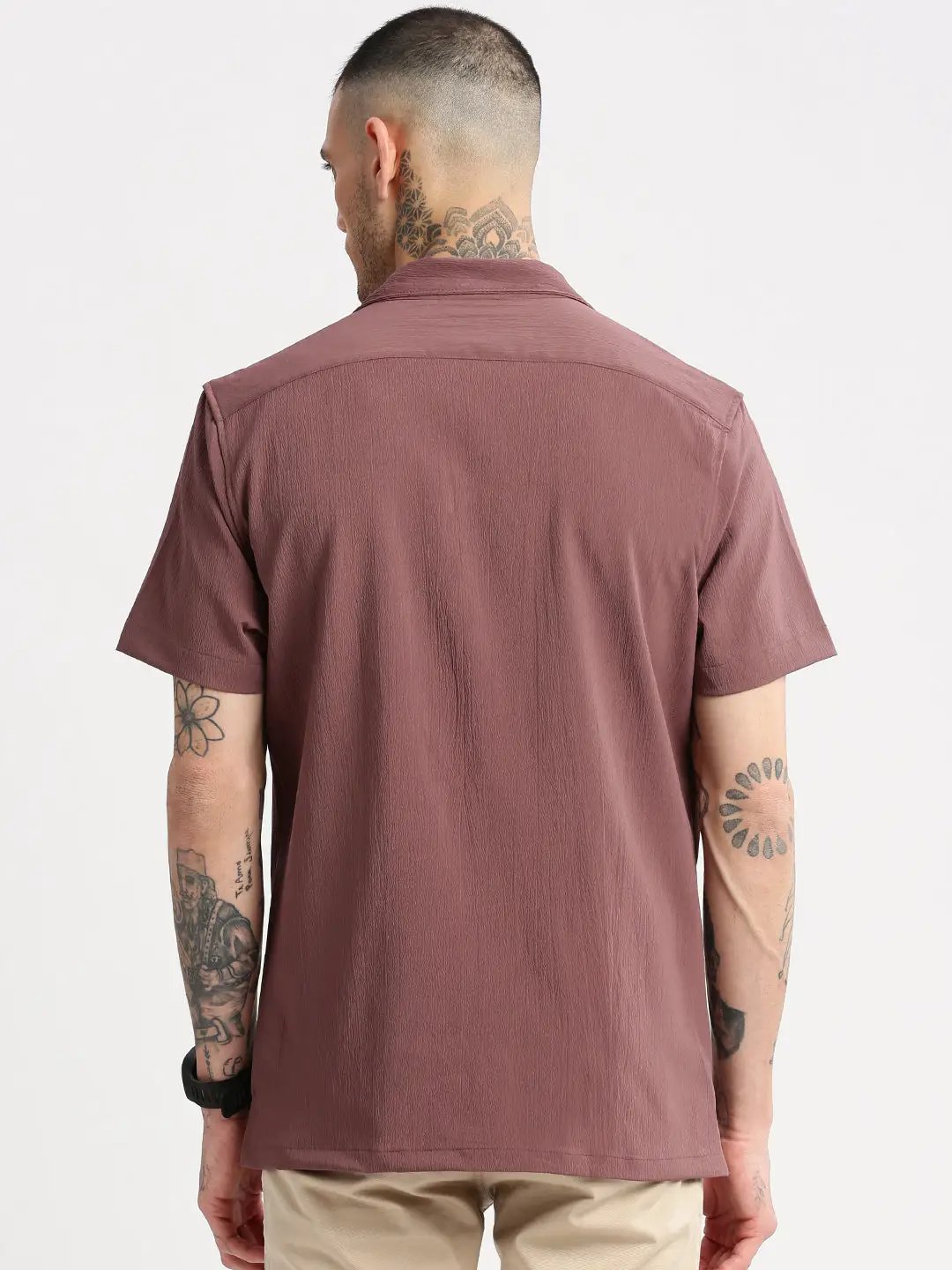 Men's Cuban Collar Solid Lavender Casual Shirt