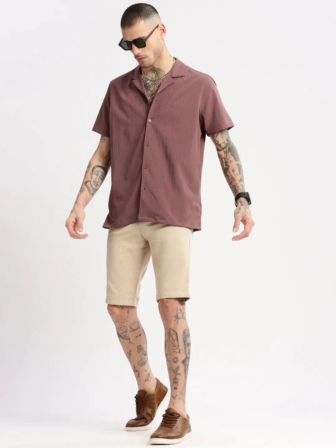 Men's Cuban Collar Solid Lavender Casual Shirt