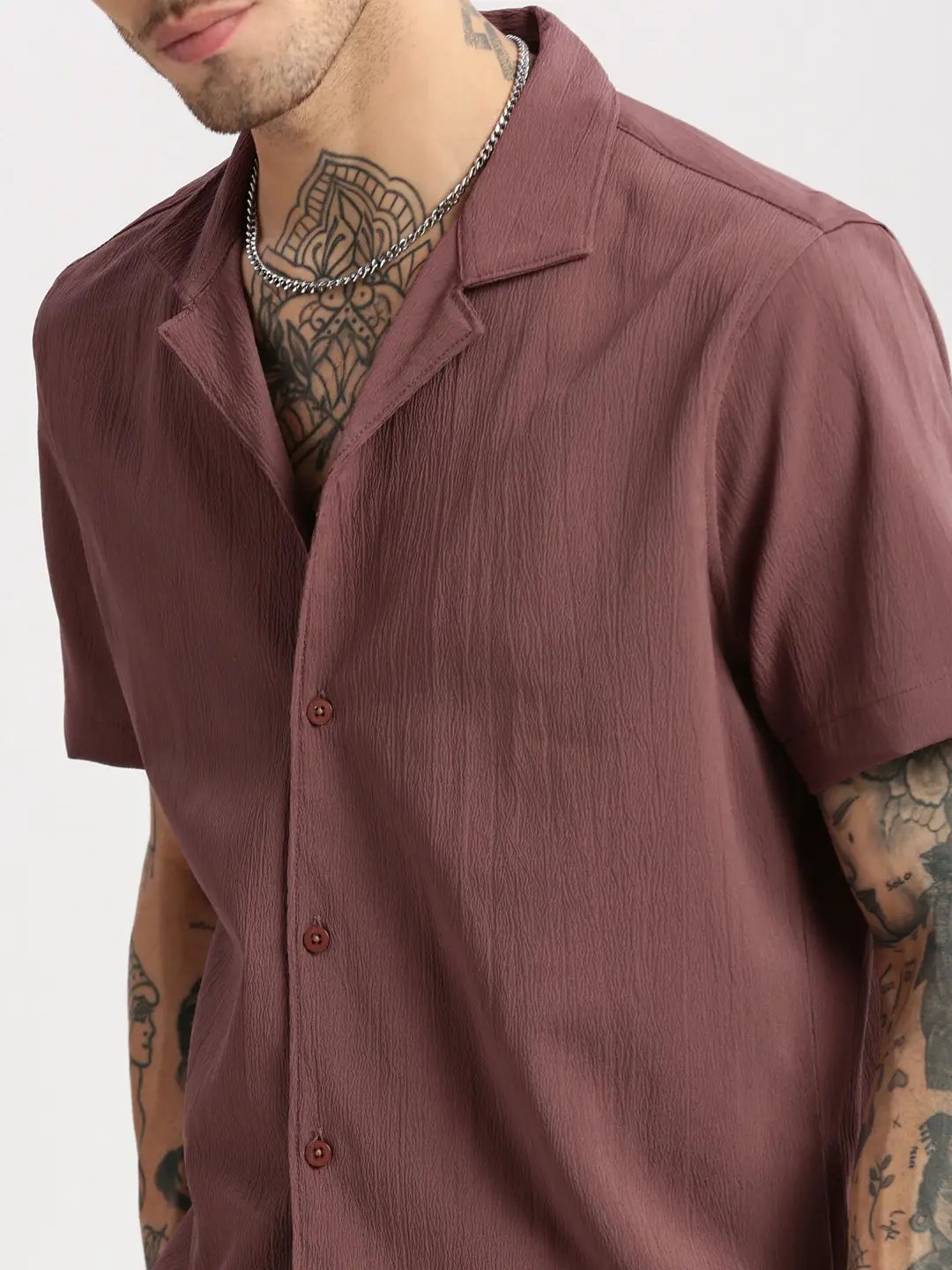 Men's Cuban Collar Solid Lavender Casual Shirt