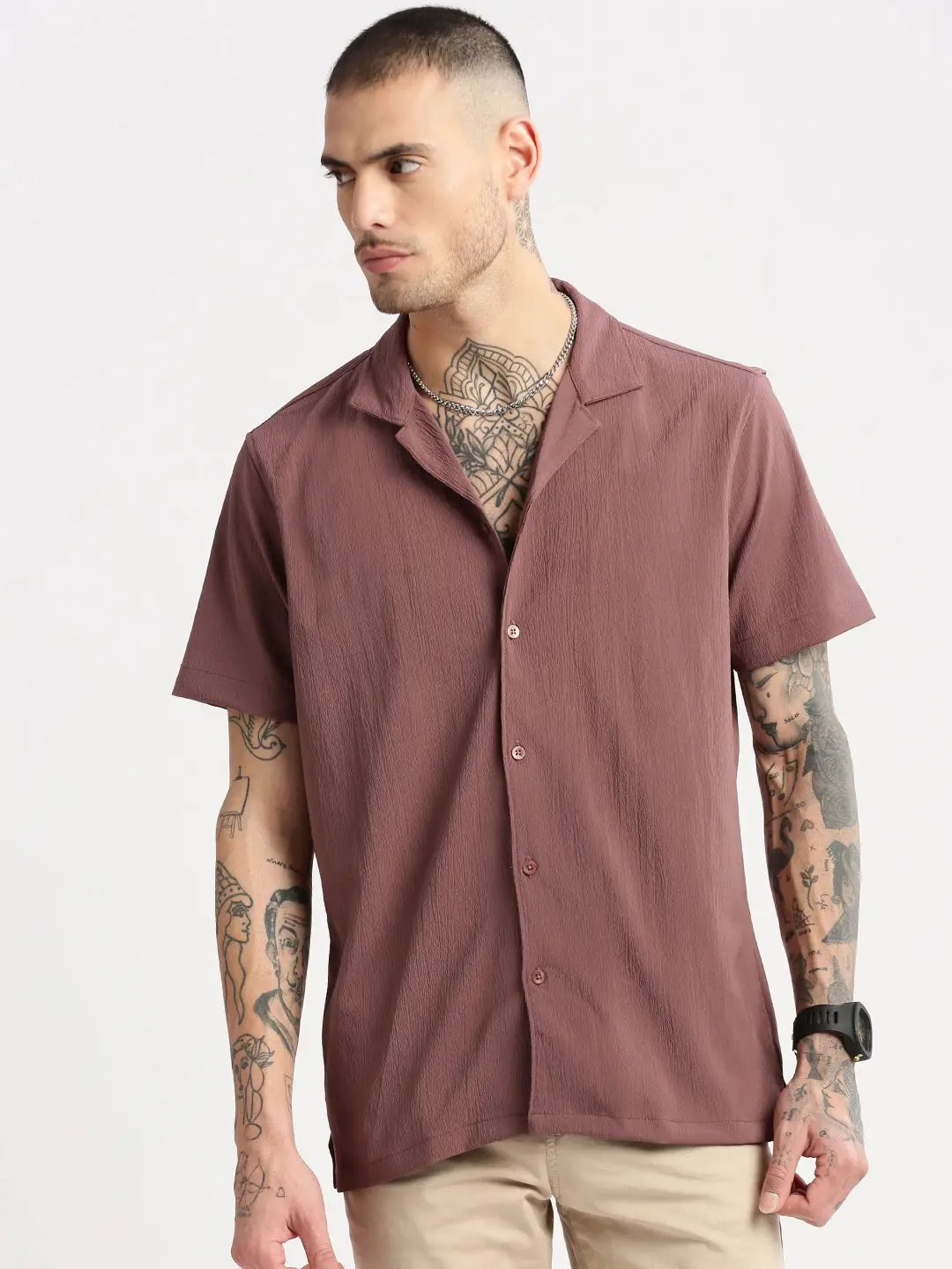Men's Cuban Collar Solid Lavender Casual Shirt