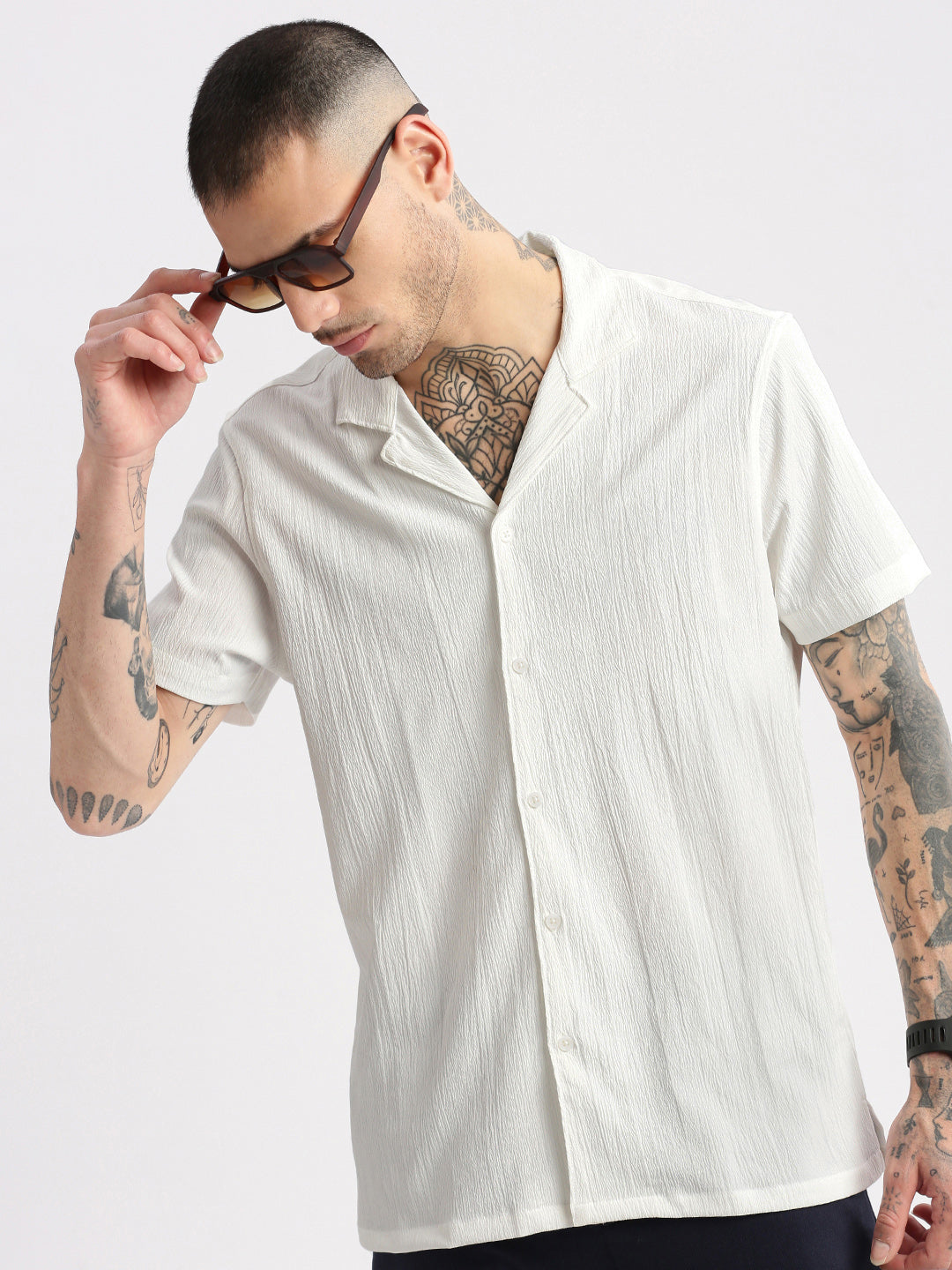 Men Cuban Collar  Solid White Casual Shirt