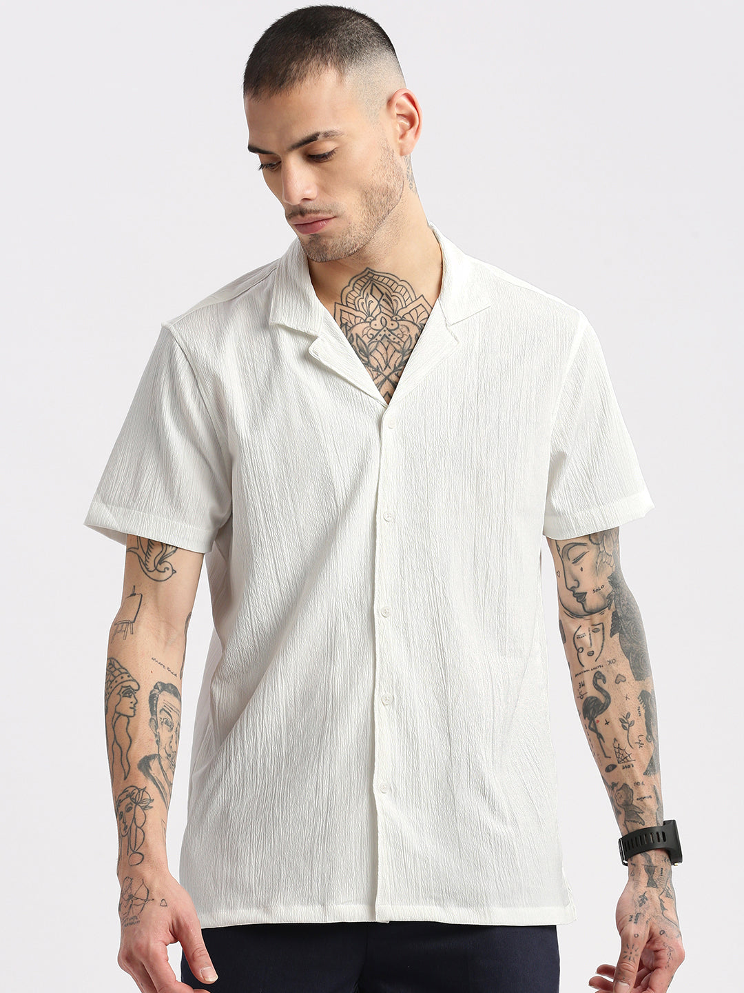 Men Cuban Collar  Solid White Casual Shirt