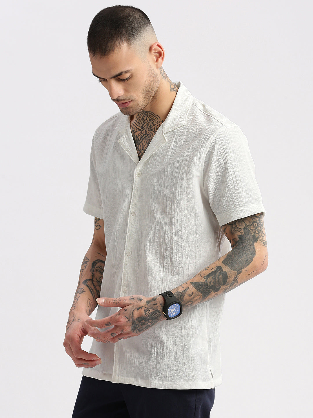 Men Cuban Collar  Solid White Casual Shirt