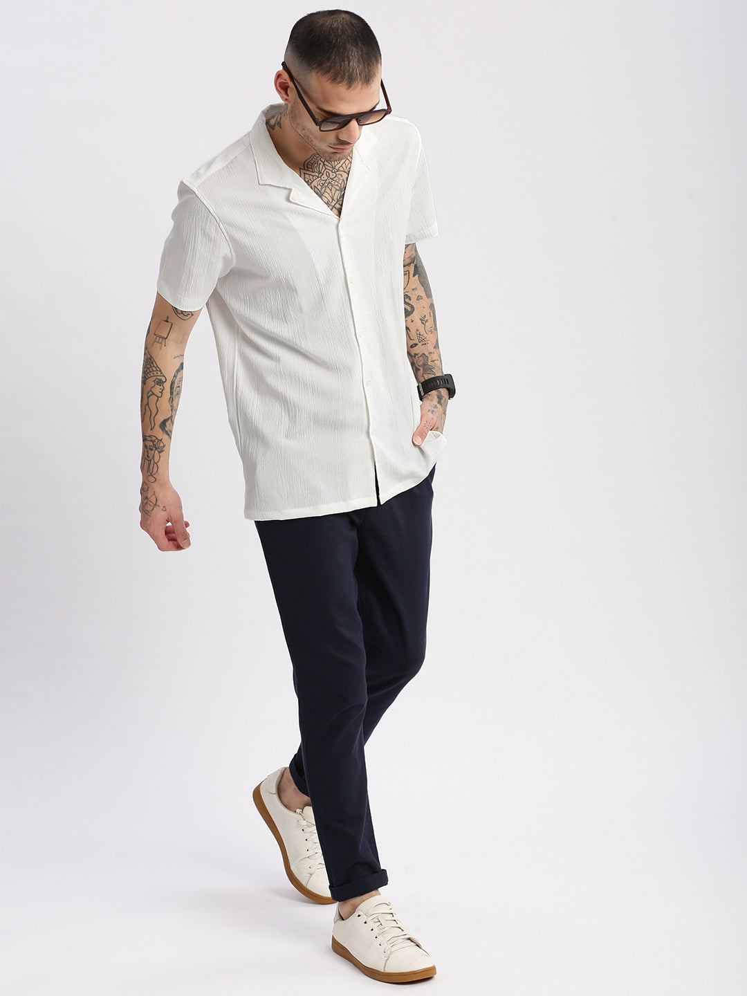 Men Cuban Collar  Solid White Casual Shirt