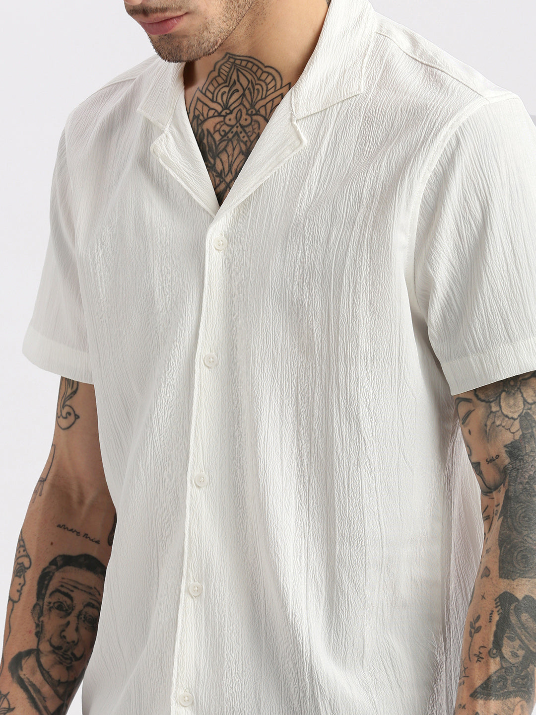 Men Cuban Collar  Solid White Casual Shirt