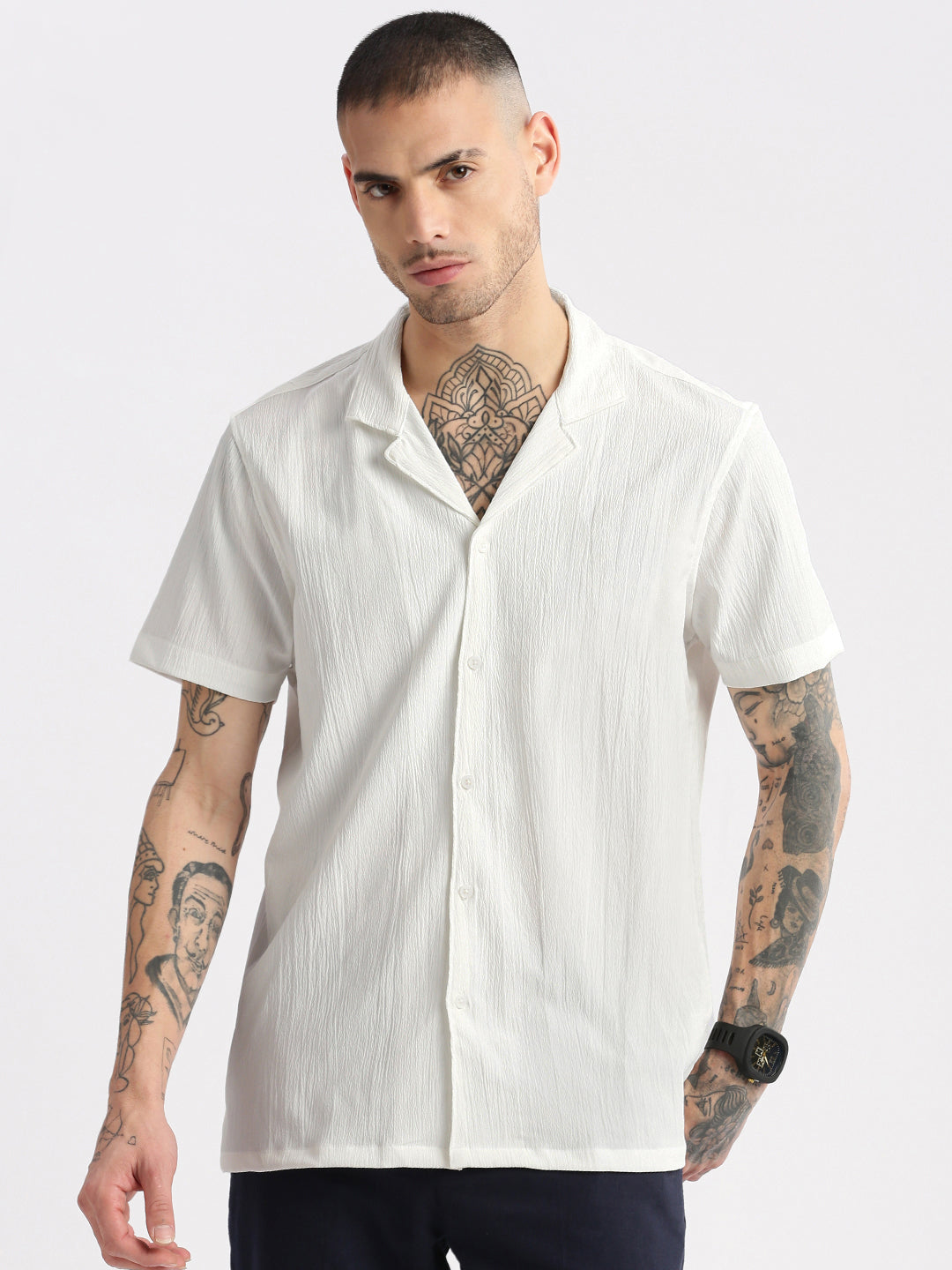 Men Cuban Collar  Solid White Casual Shirt