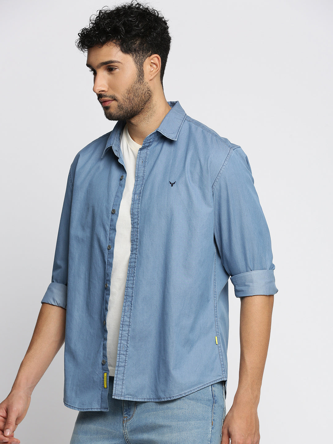 Men Blue Spread Collar Solid Oversized Shirt