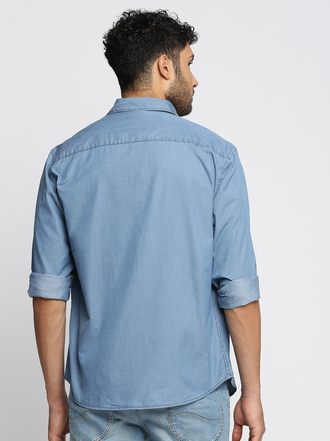 Men Blue Spread Collar Solid Oversized Shirt