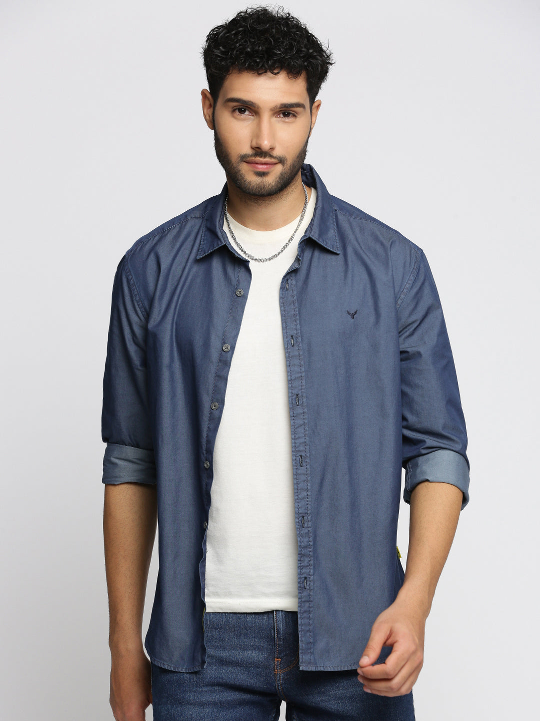 Men Navy Blue Spread Collar Solid Oversized Shirt