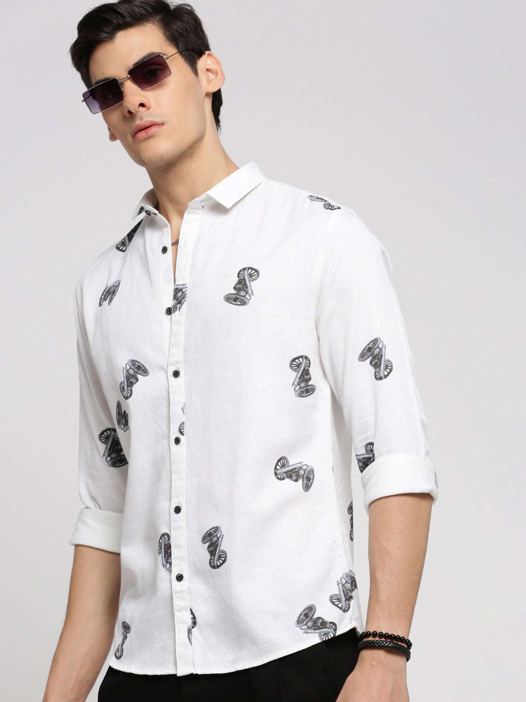 Men's White Slim Fit Conversational Printed Long Sleeves Cotton Shirt